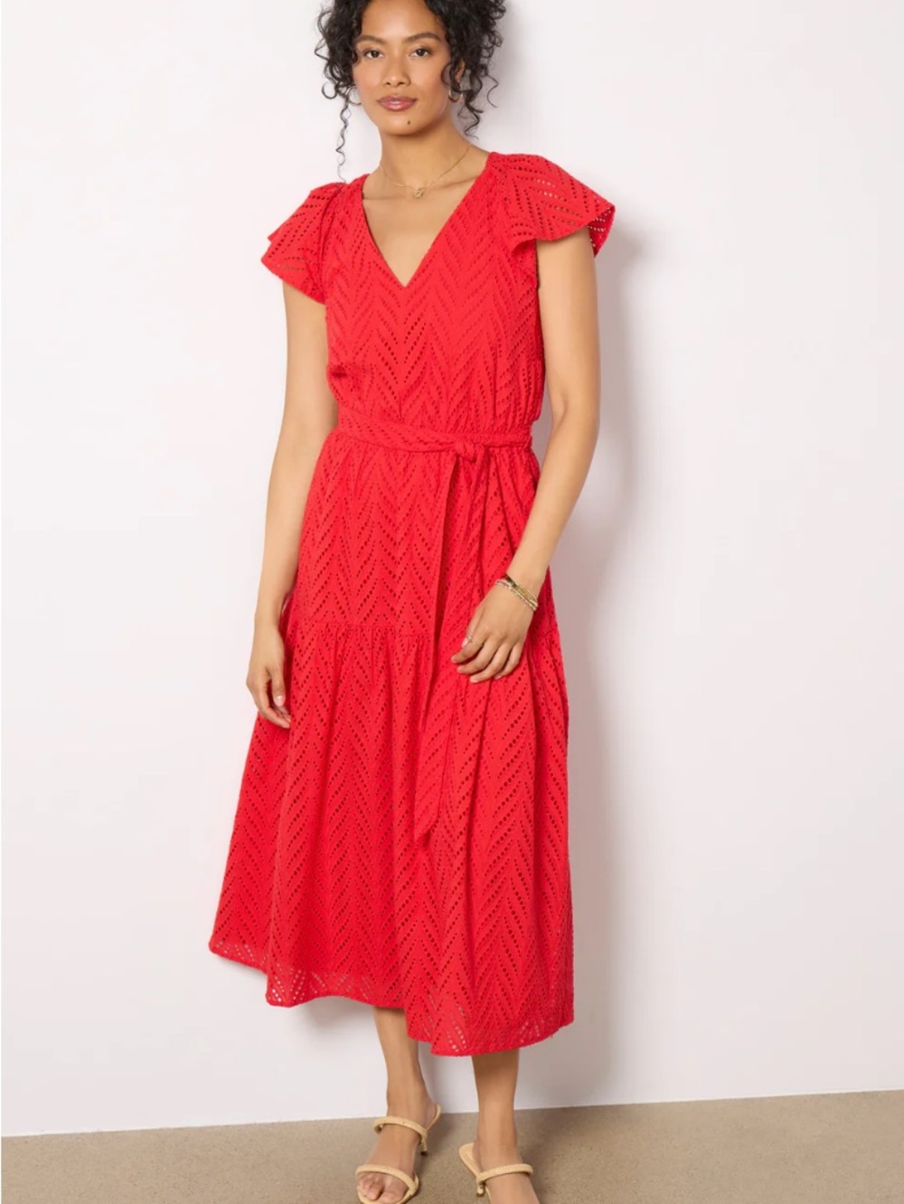 Evereve Red Eyelet V-Neck Midi Dress Sz XL